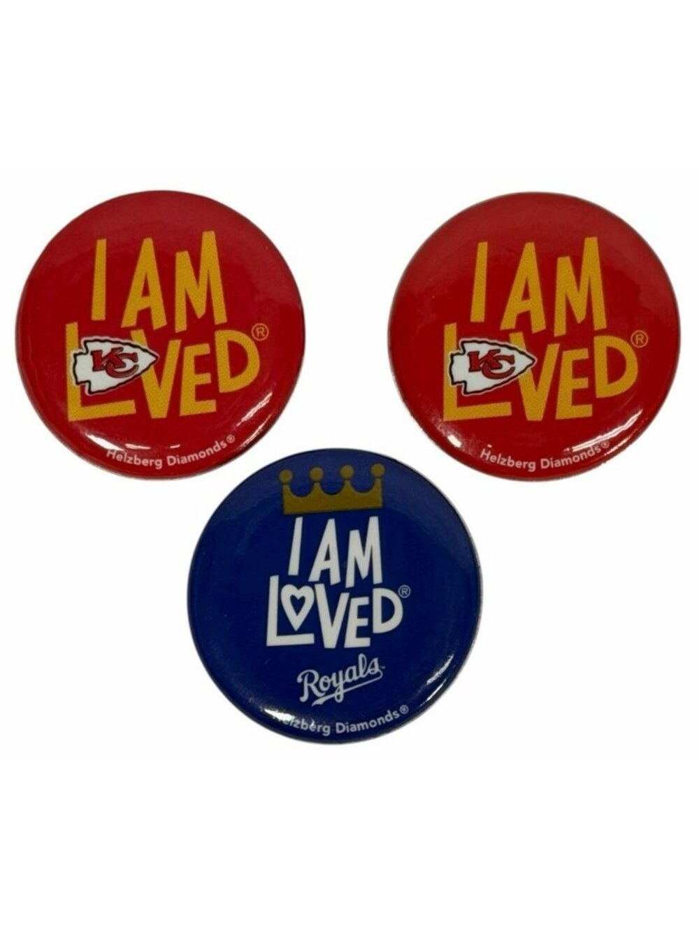 Lot (3) I AM LOVED Helzberg Diamond Pin Button Pinback Kansas City Chiefs Royals